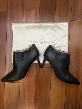 Carolinna Espinosa Black Leather Pointed Toe Ankle Boots w/ Chain Detail